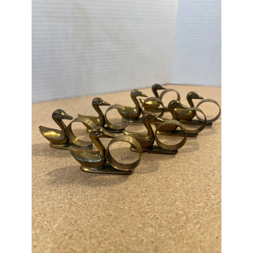 Vintage Solid Brass Swan Napkin Rings Set of 8 Duck Waterfowl Table Decor Gold